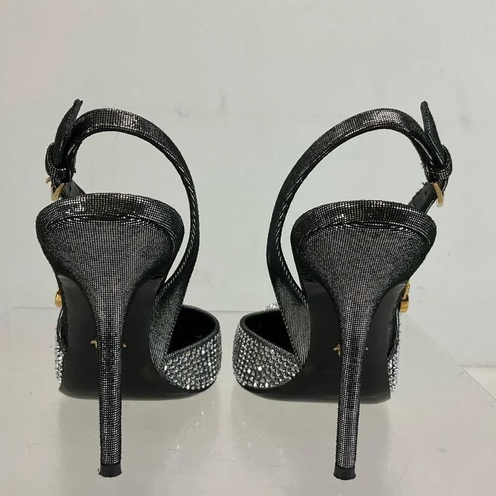 Versace Silver Gold Black Leather Bling Embellished Slingback Pumps 35.5 / US 5